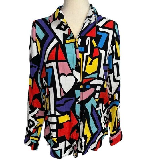 Purple Red Black White Yellow Blue Geometric 80’s style Button Down Blouse XL - Picture 2 of 10